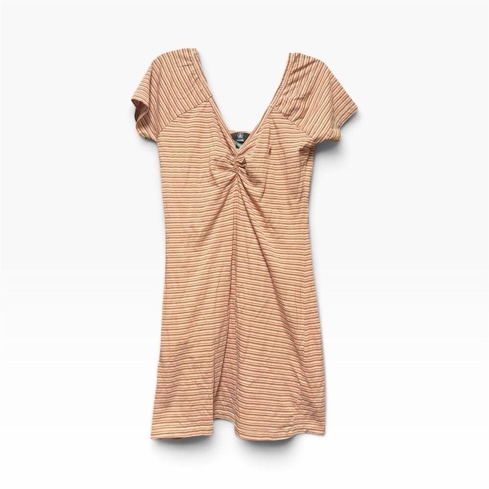 Volcom Play It Cool Striped Bodycon Mini Dress Womens Size Medium Ruched V Neck